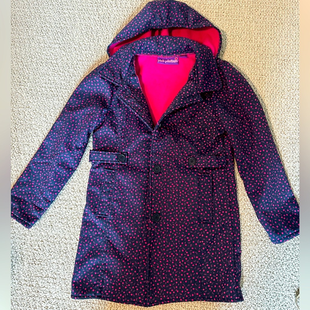Pink Platinum Navy Coat with Pink Dot Print and Bright Pink Lining